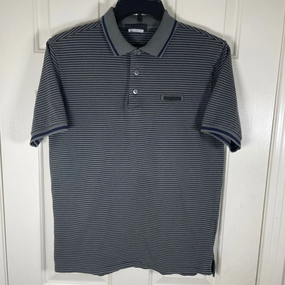 Prada Mens Grey Navy Striped Ribbed Collar Polo Shirt Medium Tipped Pique EUC